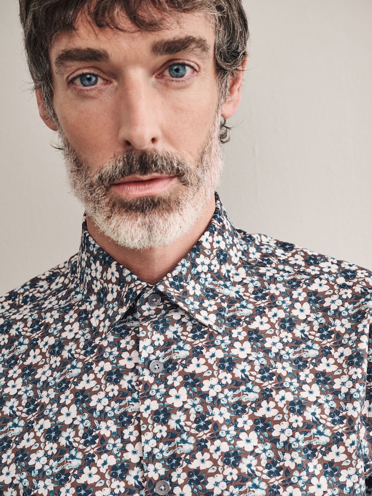 Chocolate Brown Floral Slim Fit Signature Single Cuff 100% Cotton Formal Shirt - Image 4 of 8
