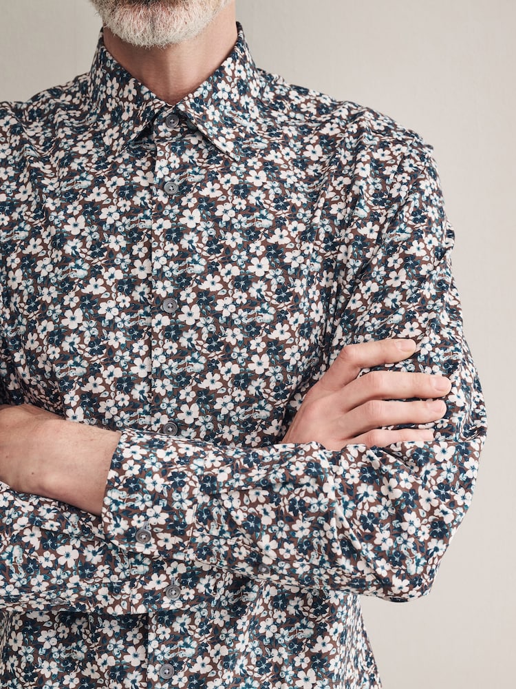 Chocolate Brown Floral Slim Fit Signature Single Cuff 100% Cotton Formal Shirt - Image 5 of 8