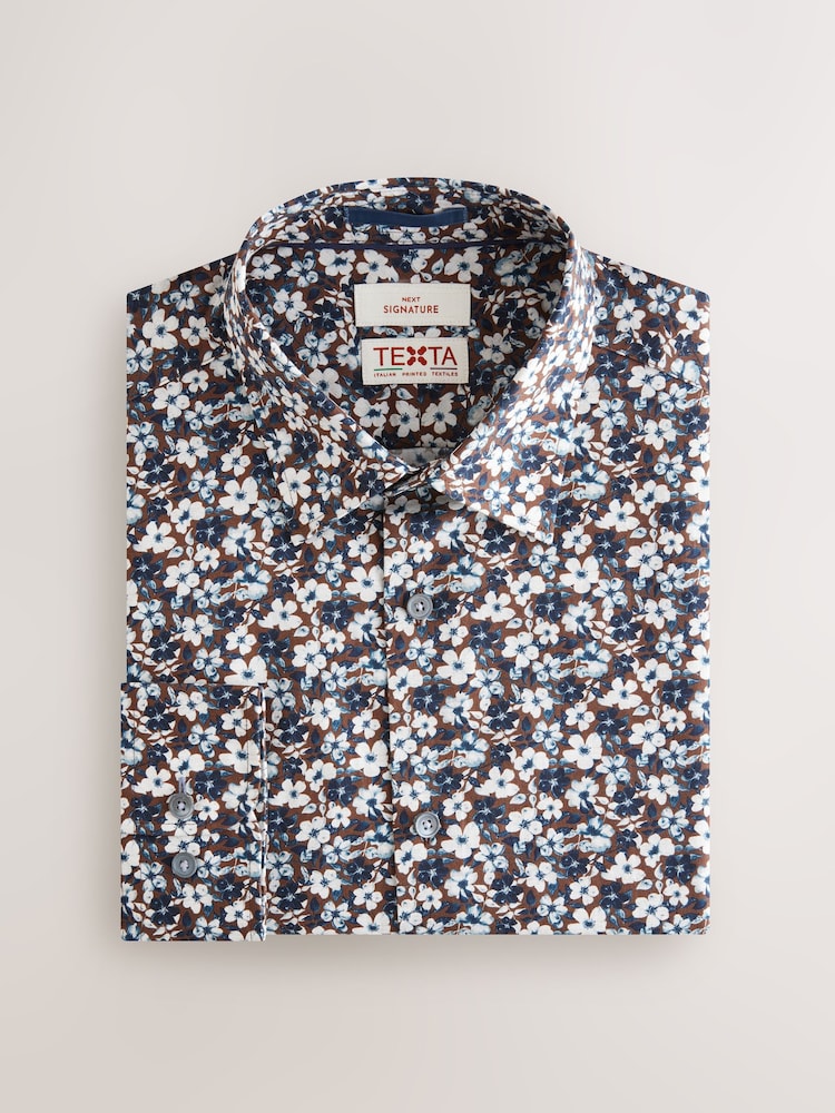 Chocolate Brown Floral Slim Fit Signature Single Cuff 100% Cotton Formal Shirt - Image 6 of 8