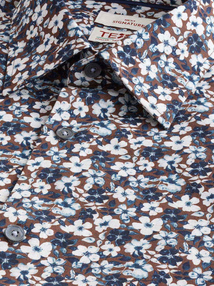Chocolate Brown Floral Slim Fit Signature Single Cuff 100% Cotton Formal Shirt - Image 8 of 8