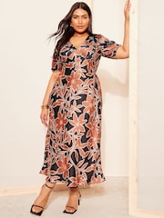 Curves Like These Black Printed Satin Midi Dress - Image 1 of 4