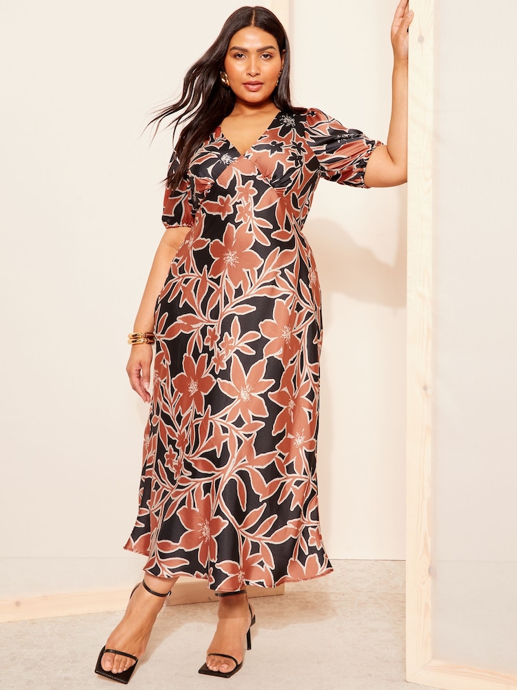 Curves Like These Black Printed Satin Midi Dress - Image 1 of 4