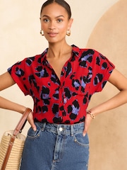 Love & Roses Red Animal Roll Sleeve Utility Shirt - Image 1 of 4