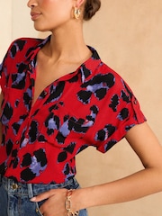 Love & Roses Red Animal Roll Sleeve Utility Shirt - Image 2 of 4