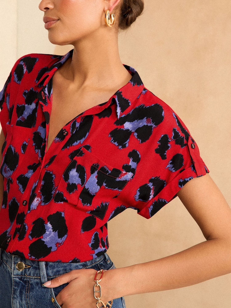 Love & Roses Red Animal Roll Sleeve Utility Shirt - Image 2 of 4