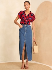Love & Roses Red Animal Roll Sleeve Utility Shirt - Image 3 of 4