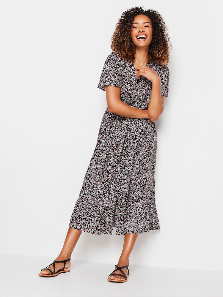 M&Co Black Floral Print Tie Waist Short Sleeve Maxi Dress - Image 1 of 5
