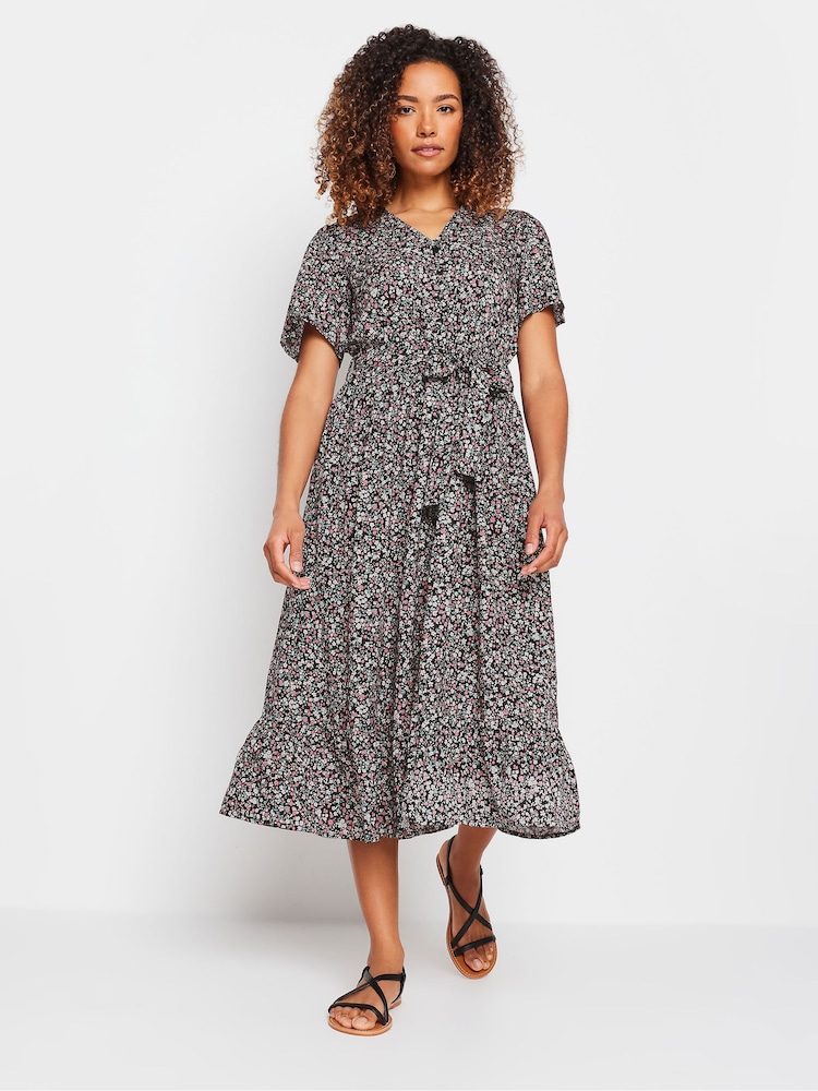 M&Co Black Floral Print Tie Waist Short Sleeve Maxi Dress - Image 2 of 5
