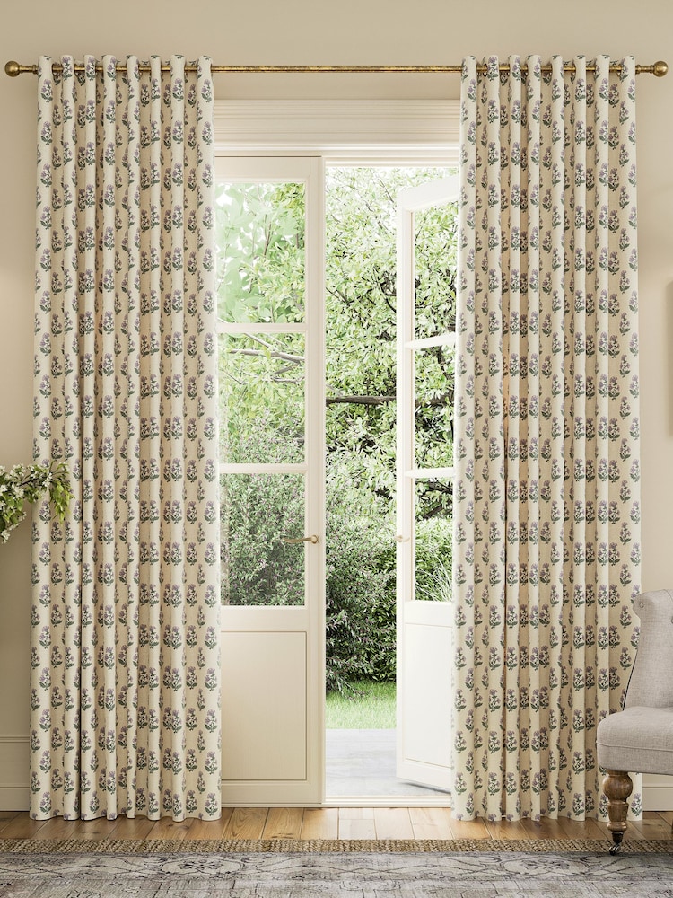 Joules Oat/Lilac Chamomile Blackout Eyelet Curtains - Image 1 of 2