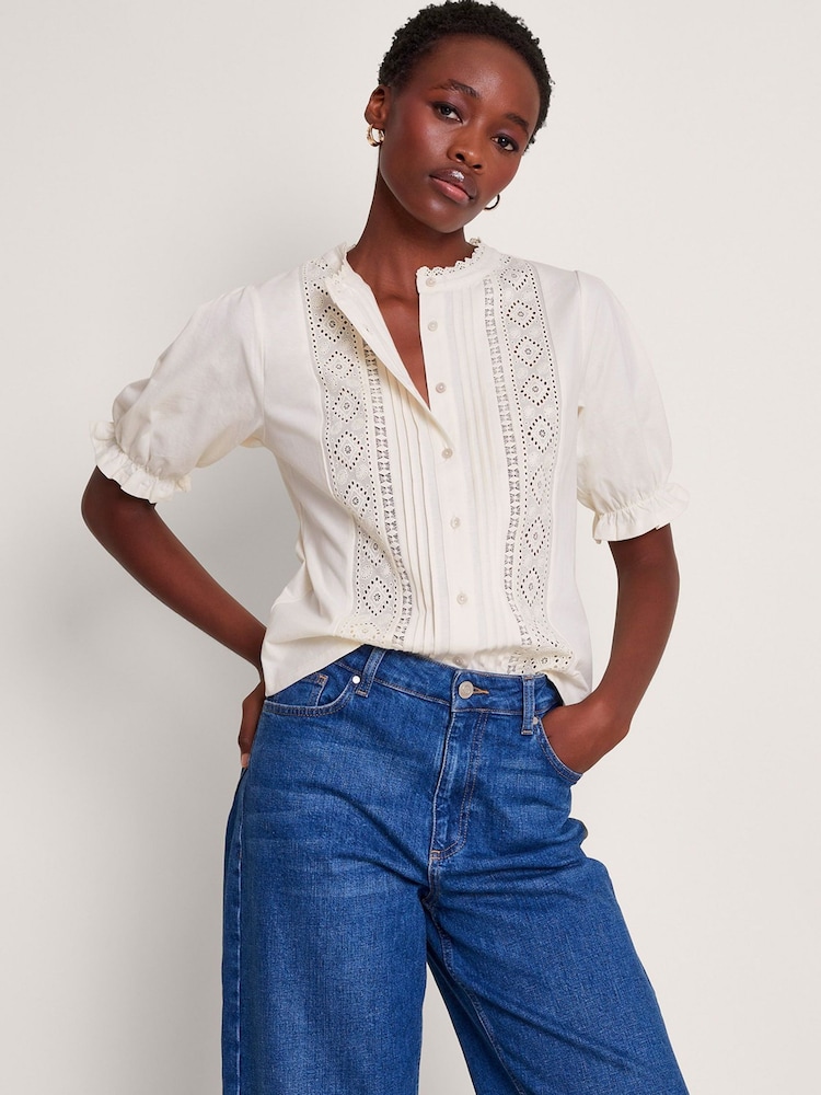 Monsoon Natural 100% Cotton Livvy Lace Trim Top - Image 1 of 5