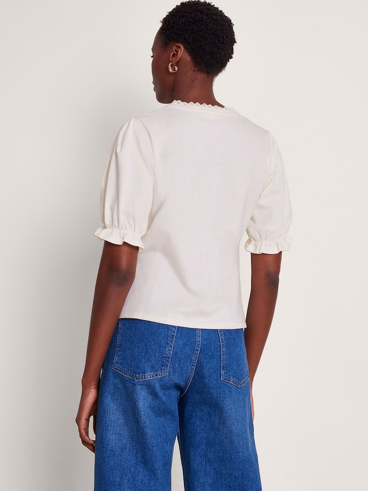 Monsoon Natural 100% Cotton Livvy Lace Trim Top - Image 2 of 5 Monsoon Natural 100% Cotton Livvy Lace Trim Top - Image 2 of 5