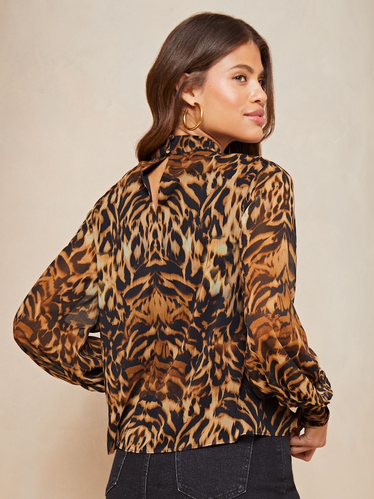Lipsy Leopard Print High Neck Long Sleeve Blouse - Image 2 of 4