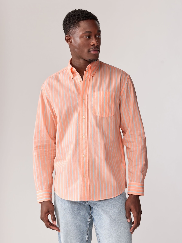Orange Poplin 100% Cotton Stripe Long Sleeve Shirt - Image 1 of 8