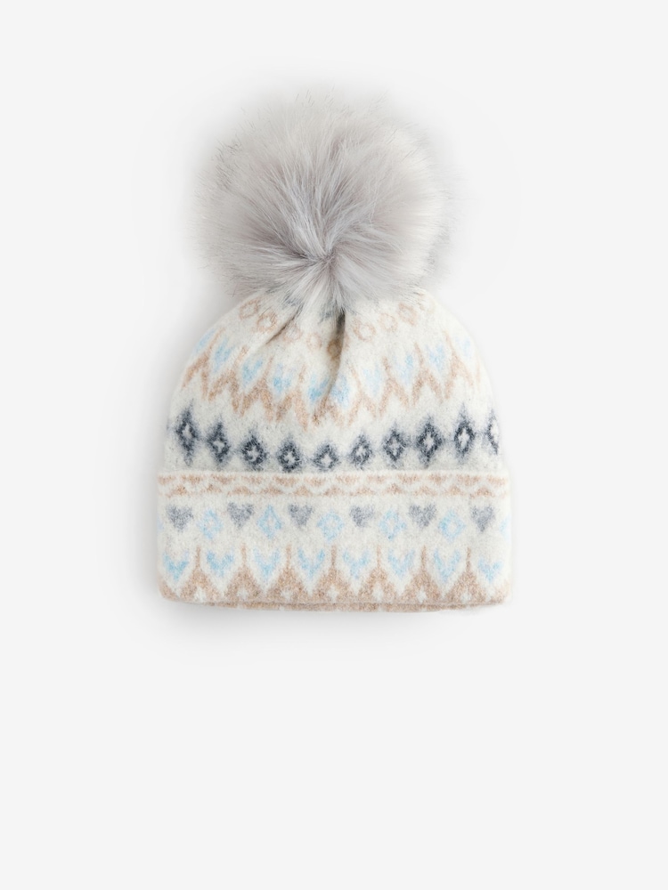 Cream/Blue Fairisle Pattern Knitted Pom Hat - Image 2 of 4