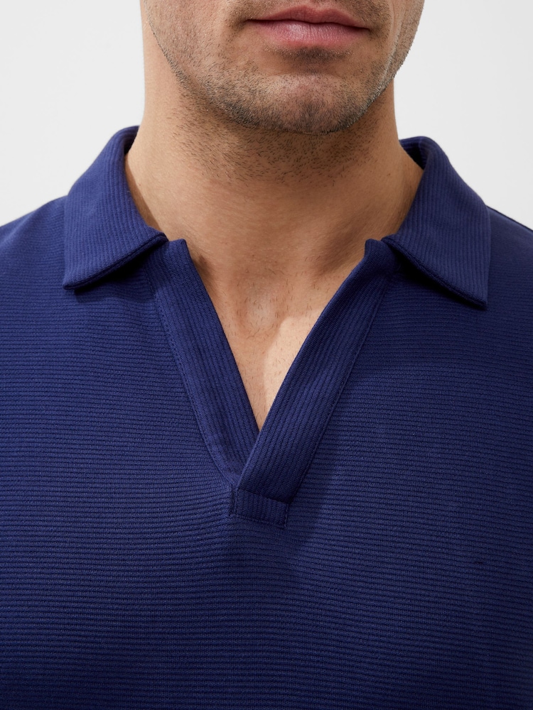 French Connection Blue 100% Cotton Short Sleeve Ottoman Polo Shirt - Image 3 of 3