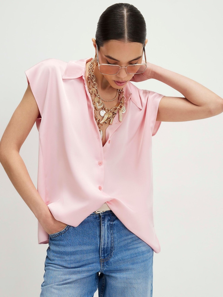 River Island Pink Short Sleeve Satin Shirt - Image 1 of 4
