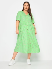 Yours Curve Green Daisy Print Smock Midaxi Dress - Image 3 of 5
