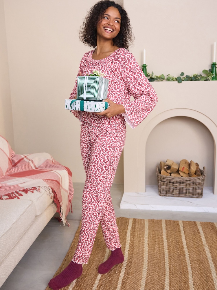Laura Ashley Red Hargate Floral Ribbed Twosie Pyjamas Set - Image 1 of 12