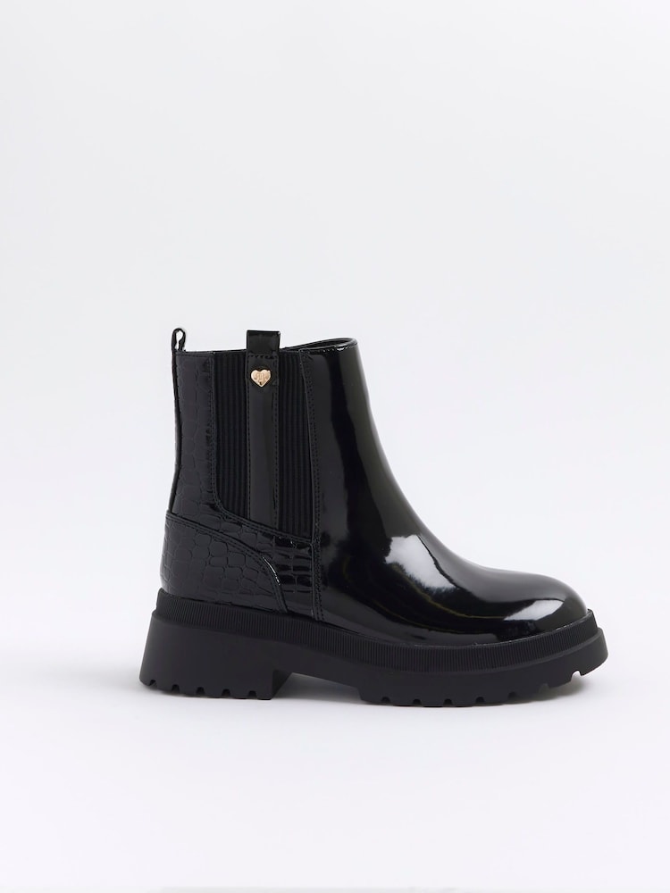 River Island Black Girls Patent Stud Chelsea Boots - Image 1 of 4 River Island Black Girls Patent Stud Chelsea Boots - Image 1 of 4