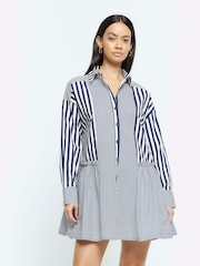 River Island Blue 100% Cotton Stripe Smock Shirt Dress - Image 1 of 4