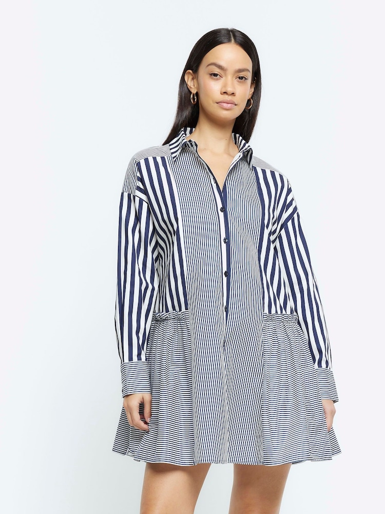 River Island Blue 100% Cotton Stripe Smock Shirt Dress - Image 1 of 4