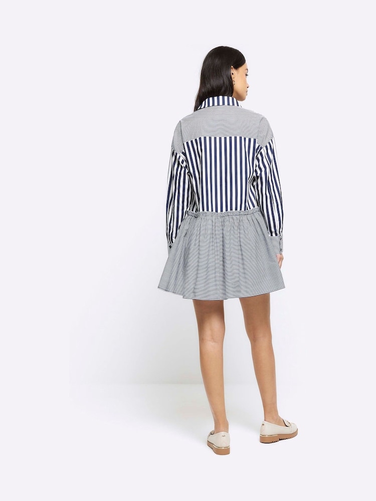 River Island Blue 100% Cotton Stripe Smock Shirt Dress - Image 2 of 4
