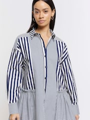 River Island Blue 100% Cotton Stripe Smock Shirt Dress - Image 3 of 4