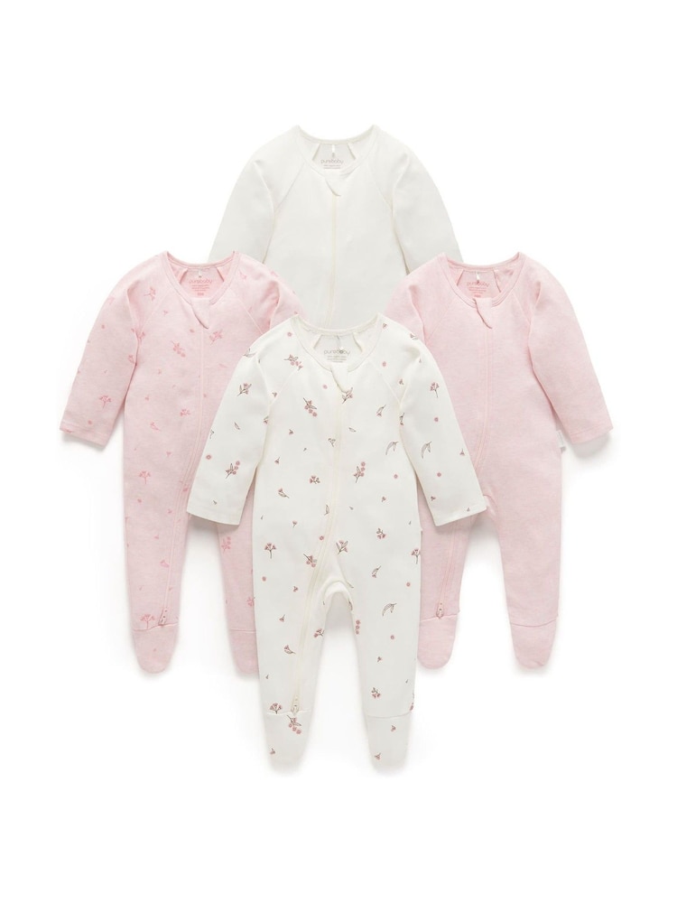 Purebaby Pink Zip 100% Cotton Sleepsuit 4 Pack - Image 2 of 5