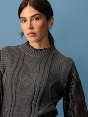 Green Khaki High Neck Collar Lace Layer Cable Knitted Jumper - Image 1 of 8