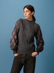 Green Khaki High Neck Collar Lace Layer Cable Knitted Jumper - Image 2 of 8