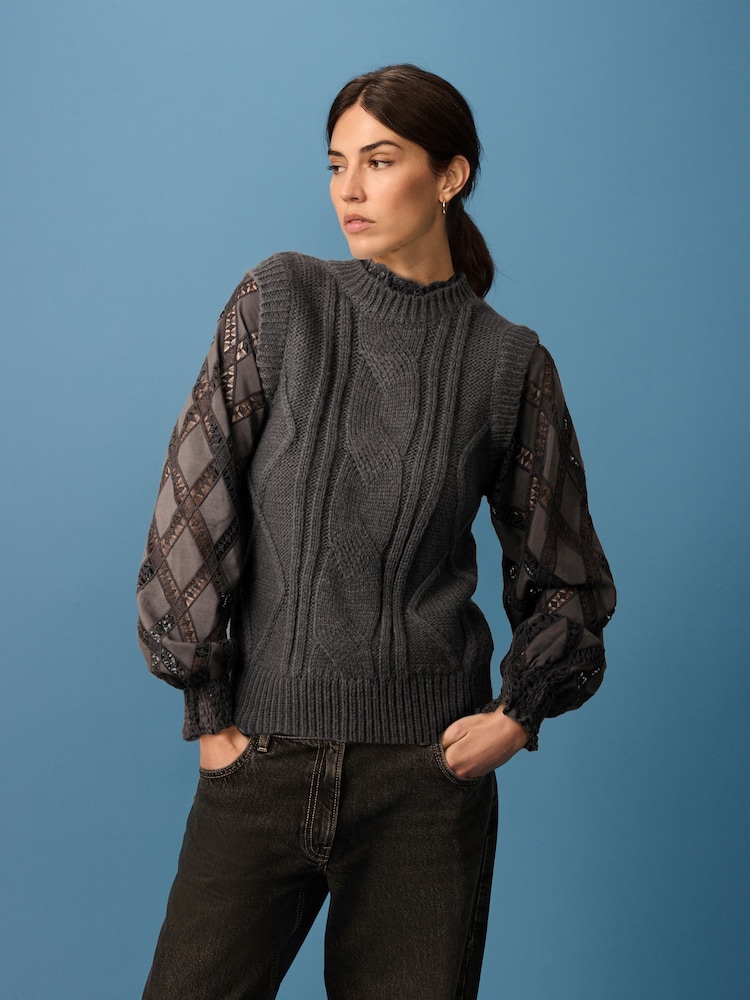 Green Khaki High Neck Collar Lace Layer Cable Knitted Jumper - Image 2 of 8