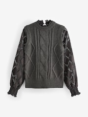 Green Khaki High Neck Collar Lace Layer Cable Knitted Jumper - Image 5 of 8