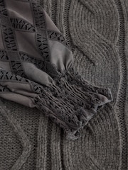Green Khaki High Neck Collar Lace Layer Cable Knitted Jumper - Image 8 of 8