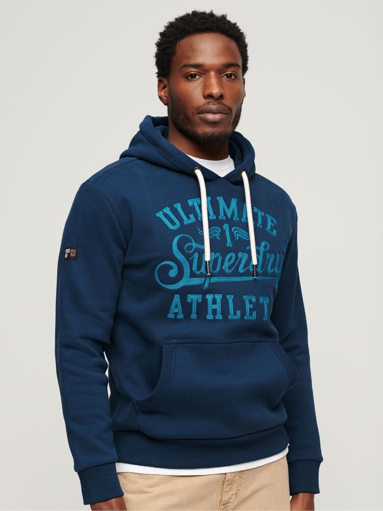 Superdry Blue Athletic Script Embroidered Graphic Hoodie - Image 1 of 6