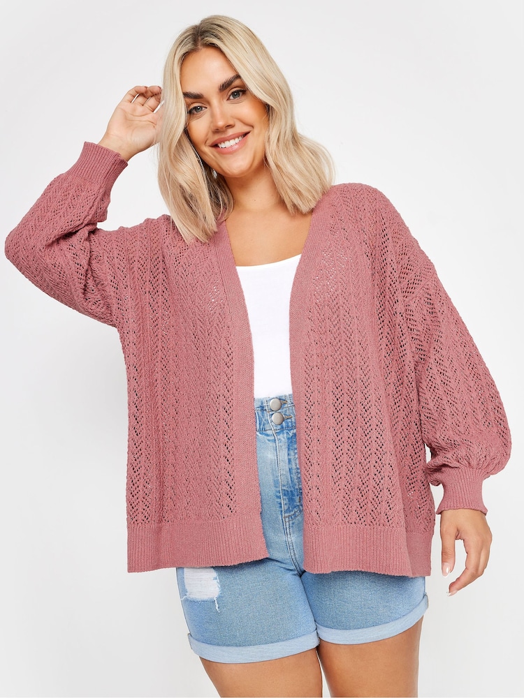 Yours Curve Pink Pointelle Balloon Sleeve Cardigan - Image 2 of 6