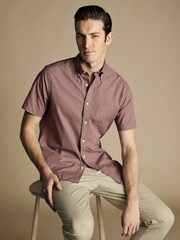 Charles Tyrwhitt Pink Gingham Slim Fit Short Sleeve Noniron Stretch Poplin 100% Cotton Shirt - Image 1 of 6