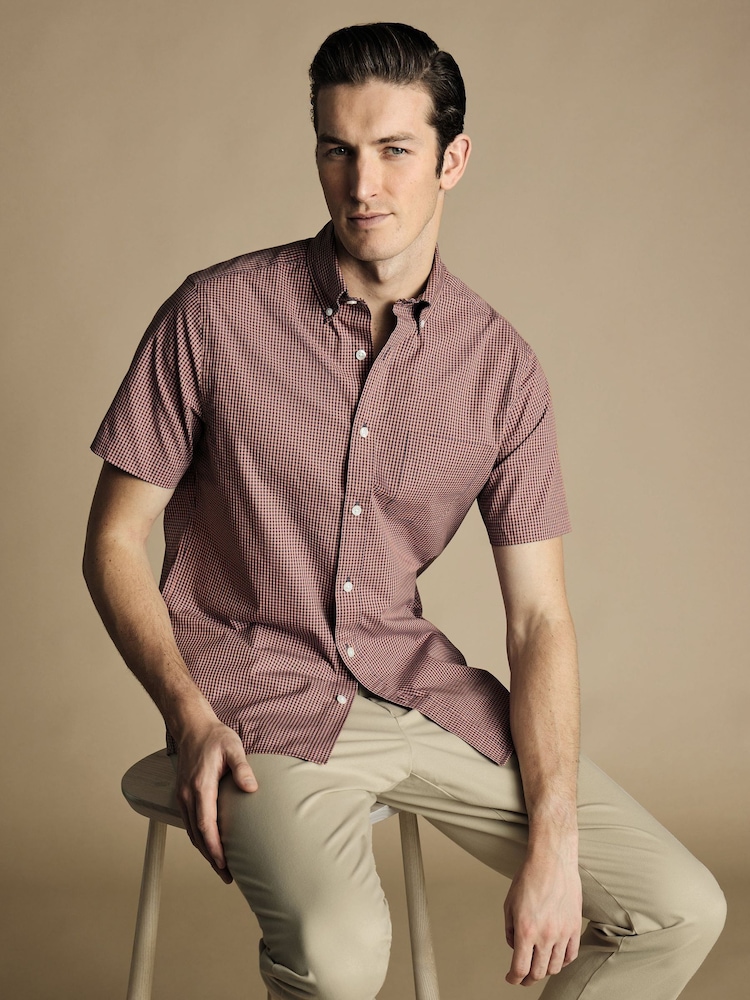 Charles Tyrwhitt Pink Gingham Slim Fit Short Sleeve Noniron Stretch Poplin 100% Cotton Shirt - Image 1 of 6 Charles Tyrwhitt Pink Gingham Slim Fit Short Sleeve Noniron Stretch Poplin 100% Cotton Shirt - Image 1 of 6