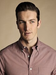 Charles Tyrwhitt Pink Gingham Slim Fit Short Sleeve Noniron Stretch Poplin 100% Cotton Shirt - Image 3 of 6