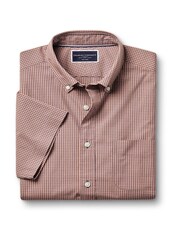Charles Tyrwhitt Pink Gingham Slim Fit Short Sleeve Noniron Stretch Poplin 100% Cotton Shirt - Image 4 of 6
