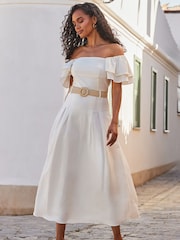 Sosandar Cream Linen Blend Midi Skirt - Image 1 of 5