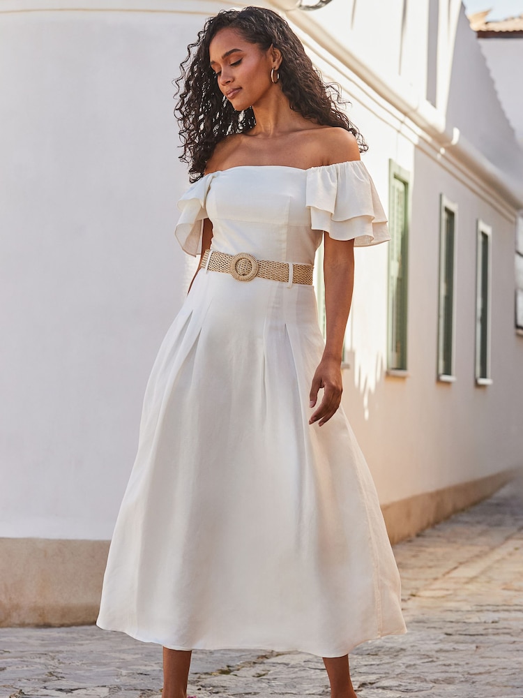 Sosandar Cream Linen Blend Midi Skirt - Image 1 of 5