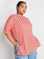Yours Curve Pink Oversized Stripe 100% Cotton T-Shirt - Image 1 of 4