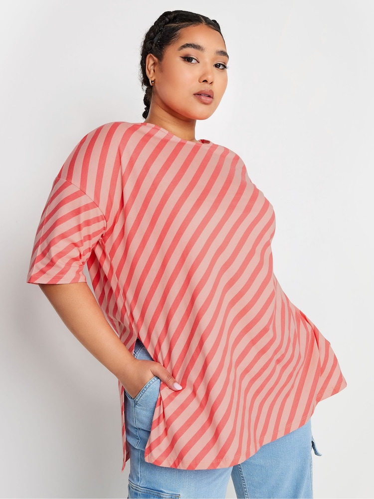 Yours Curve Pink Oversized Stripe 100% Cotton T-Shirt - Image 1 of 4