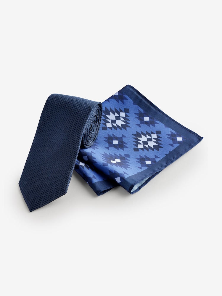 Navy Blue/Navajo Style Slim Tie And Pocket Square Set - Image 1 of 5