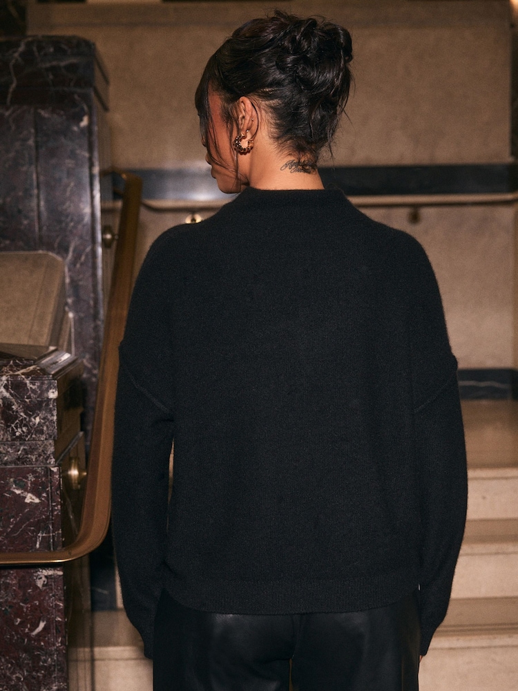 Black 100% Cashmere Premium Seam Detail Rolled Edge Knitted Jumper - Image 1 of 6