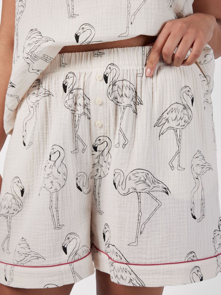 Chelsea Peers Cream 100% Cotton Cheesecloth Flamingo Sketch Print Short Pyjamas Set - Image 5 of 5