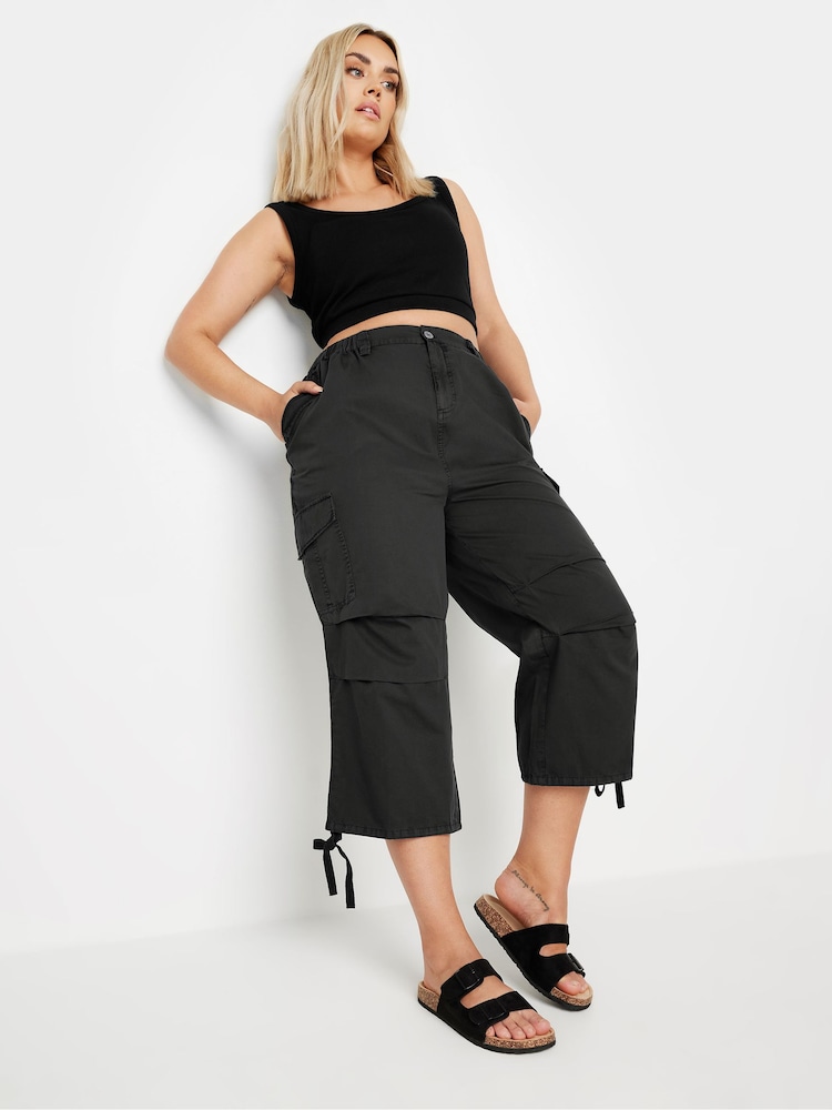 Yours Curve Black Cargo Cropped 100% Cotton Trousers - Image 2 of 5