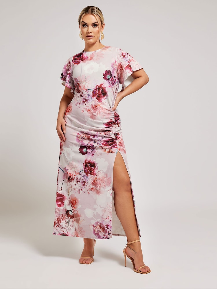 Pink - Yours Curve Floral Print Gathered Dress - Image 1 of 5 Pink - Yours Curve Floral Print Gathered Dress - Image 1 of 5