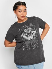 Yours Curve Charcoal Grey 'The Lovers' Slogan 100% Cotton T-Shirt - Image 1 of 5