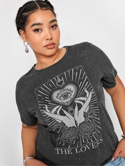 Yours Curve Charcoal Grey 'The Lovers' Slogan 100% Cotton T-Shirt - Image 4 of 5